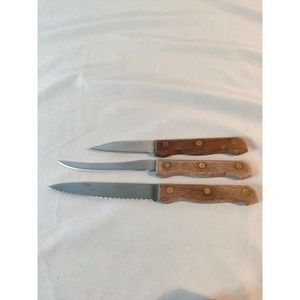 Vintage Rogers Stainless Steel Knife Set of 3 Wood Handles 9" 7" Made in Japan